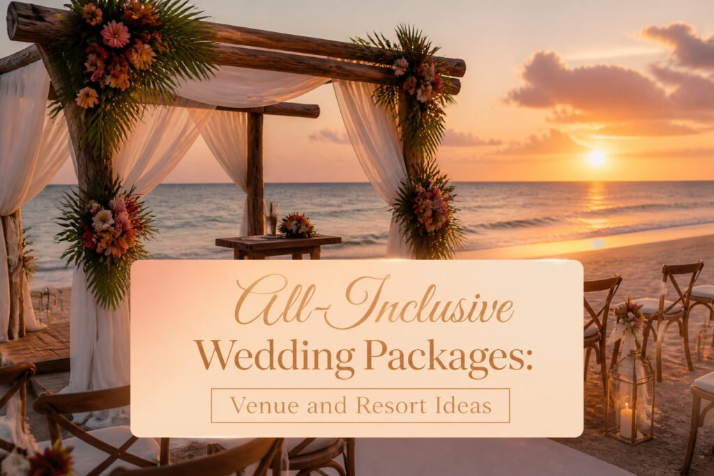 Beachside wedding setup featuring an altar and tropical flowers.