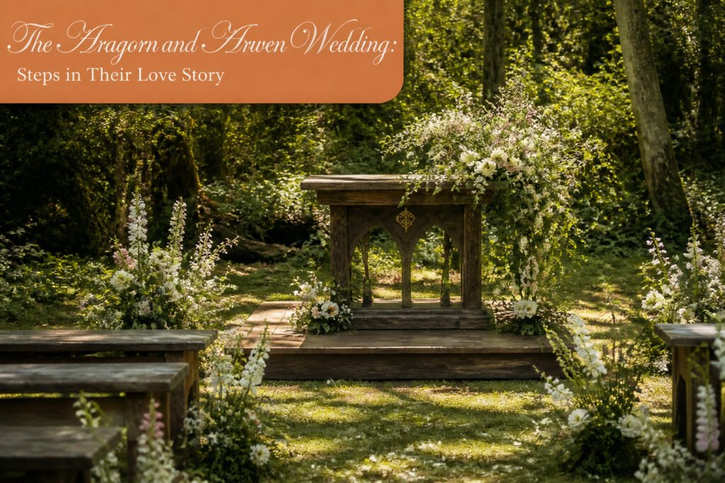 Aragorn and Arwen's wedding in a beautiful outdoor setting.