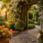 Lush botanical garden setting with vibrant flowers and greenery.