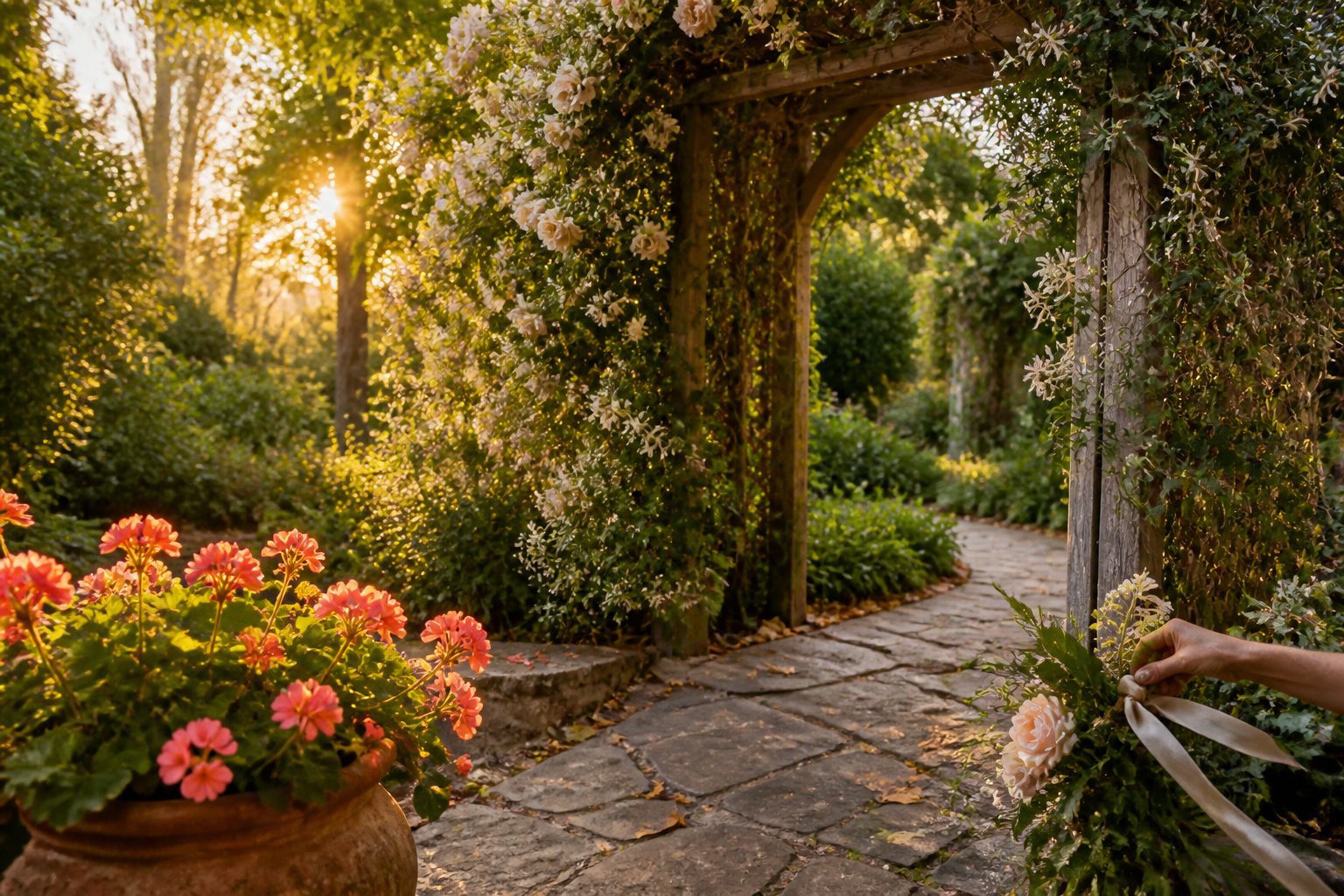 Lush botanical garden setting with vibrant flowers and greenery.
