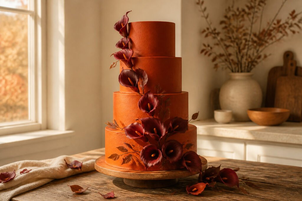 Burnt orange wedding cake with decorative elements and floral designs.