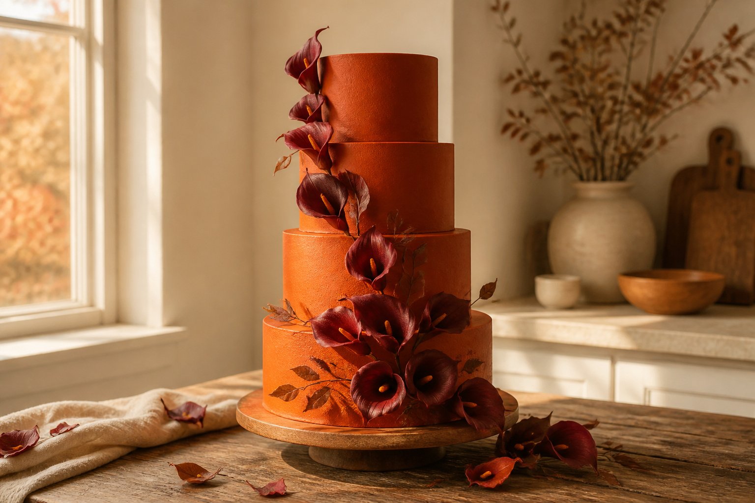 Burnt orange wedding cake with decorative elements and floral designs.