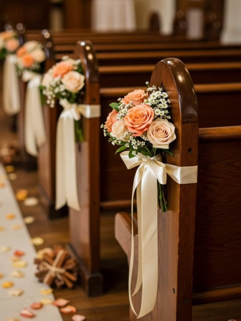 Peach roses and white ribbons decorating the ends of wooden church pews for a wedding.