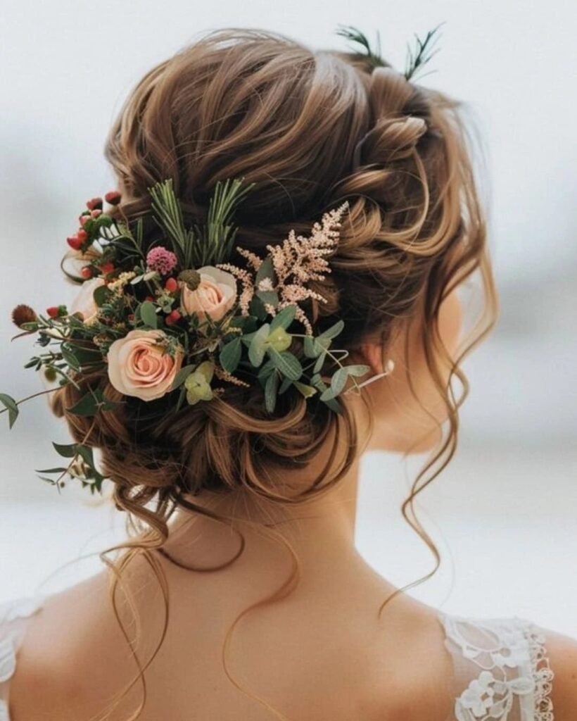 Brunette hair styled in an elegant updo decorated with pink roses and greenery.