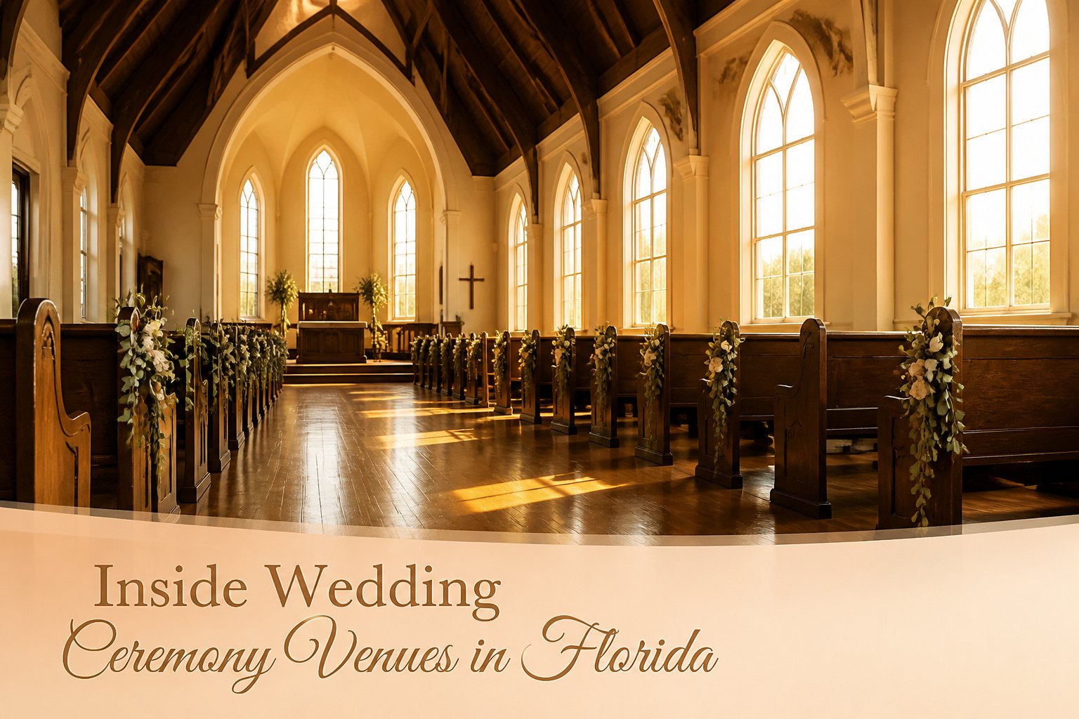 A stylish indoor wedding ceremony setup with floral decorations.