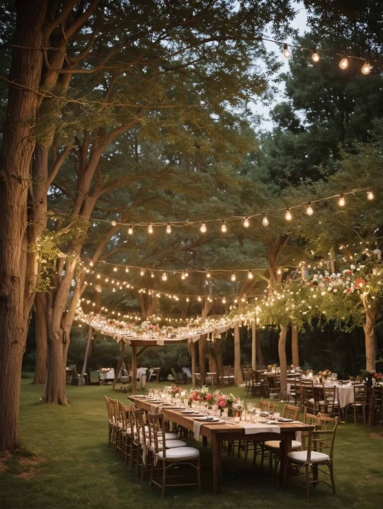 Long wooden dining tables decorated with flowers under glowing string lights in a wooded backyard setting.