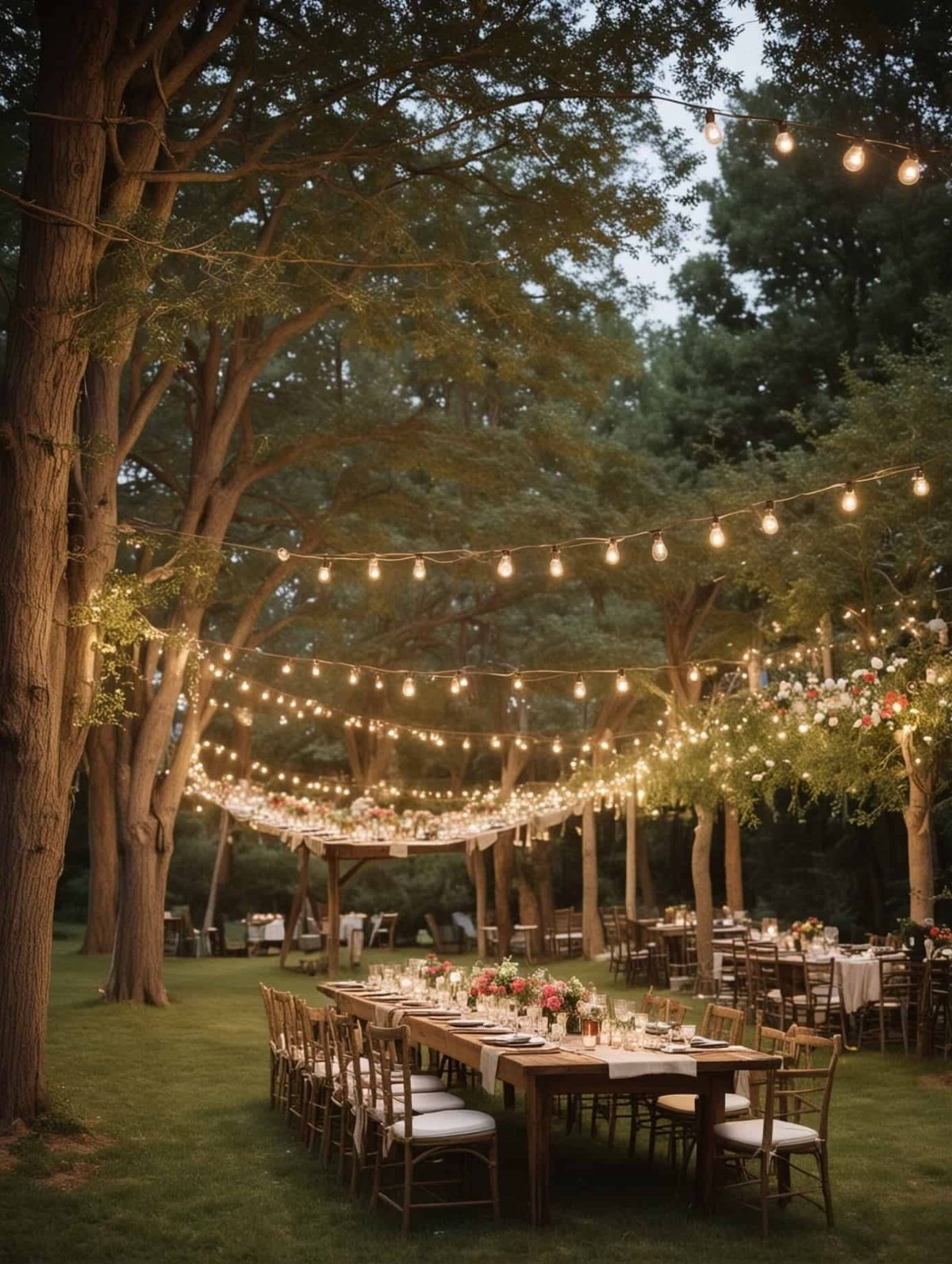 Long wooden dining tables decorated with flowers under glowing string lights in a wooded backyard setting.