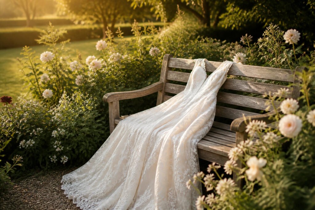 Different wedding dresses displayed in a bridal studio.