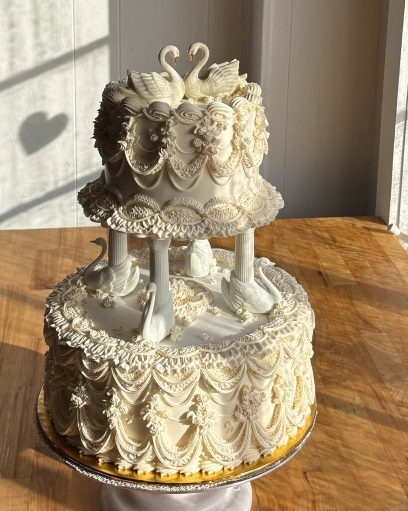 A two-tier white vintage wedding cake decorated with intricate frosting lace and white swan figurines.