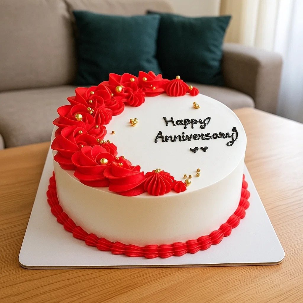 White anniversary cake decorated with red frosting rosettes and gold pearls on a wooden table.