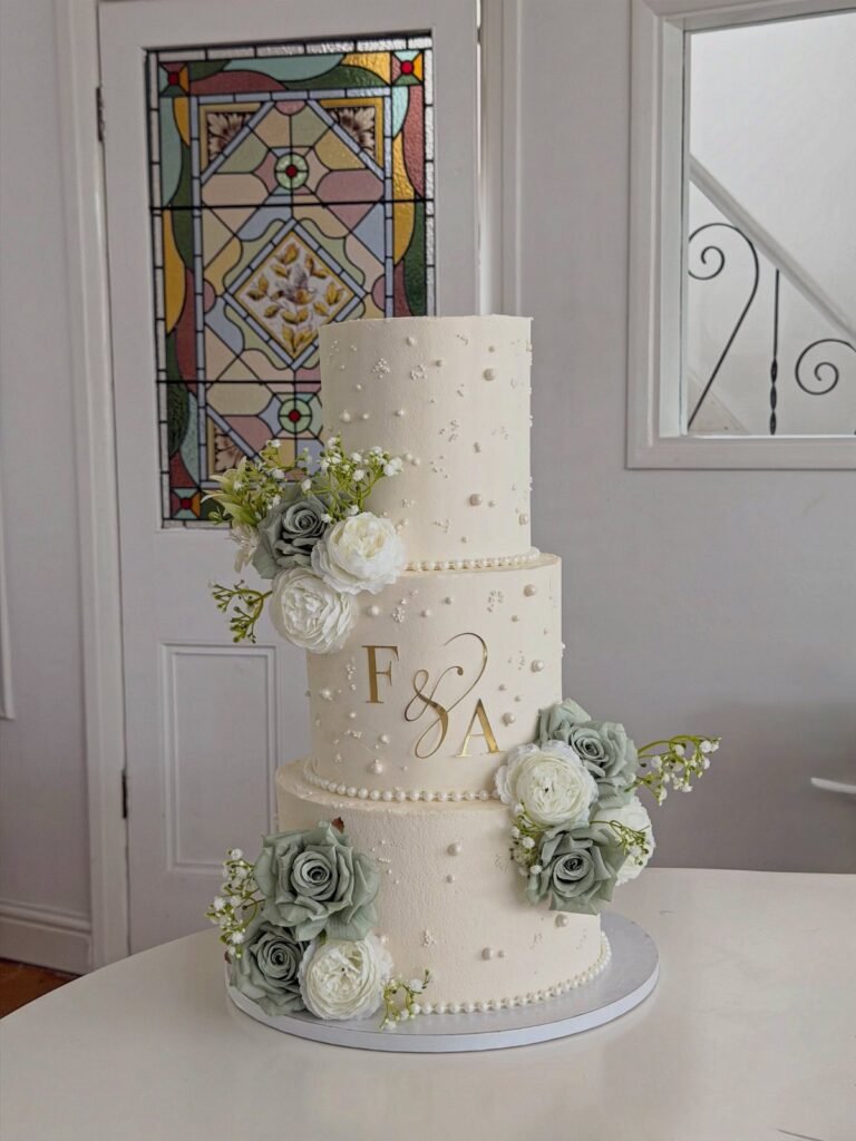 Three-tier white wedding cake decorated with pearls and sage green and white flowers.