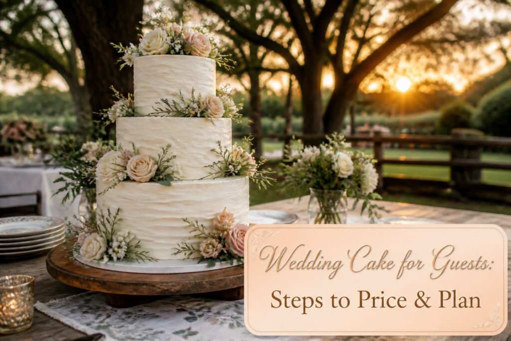 A tiered wedding cake with intricate decorations for a large gathering.