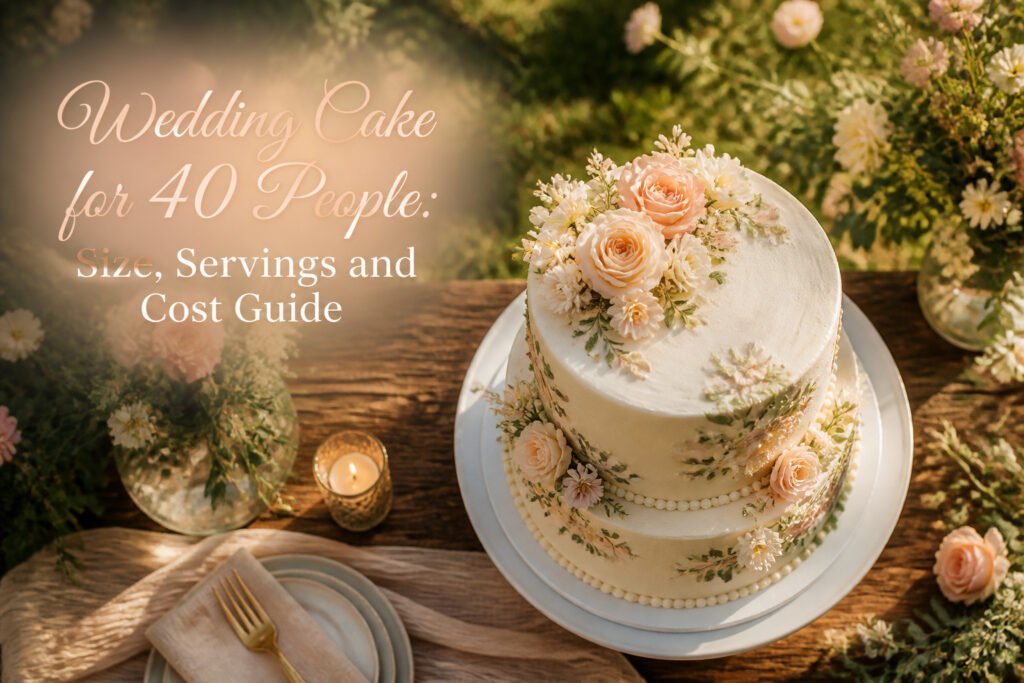 A wedding cake with intricate decorations, suitable for 40 guests.