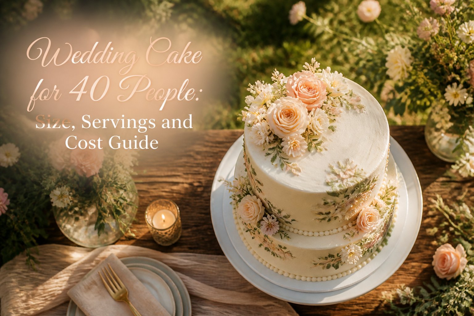 A wedding cake with intricate decorations, suitable for 40 guests.