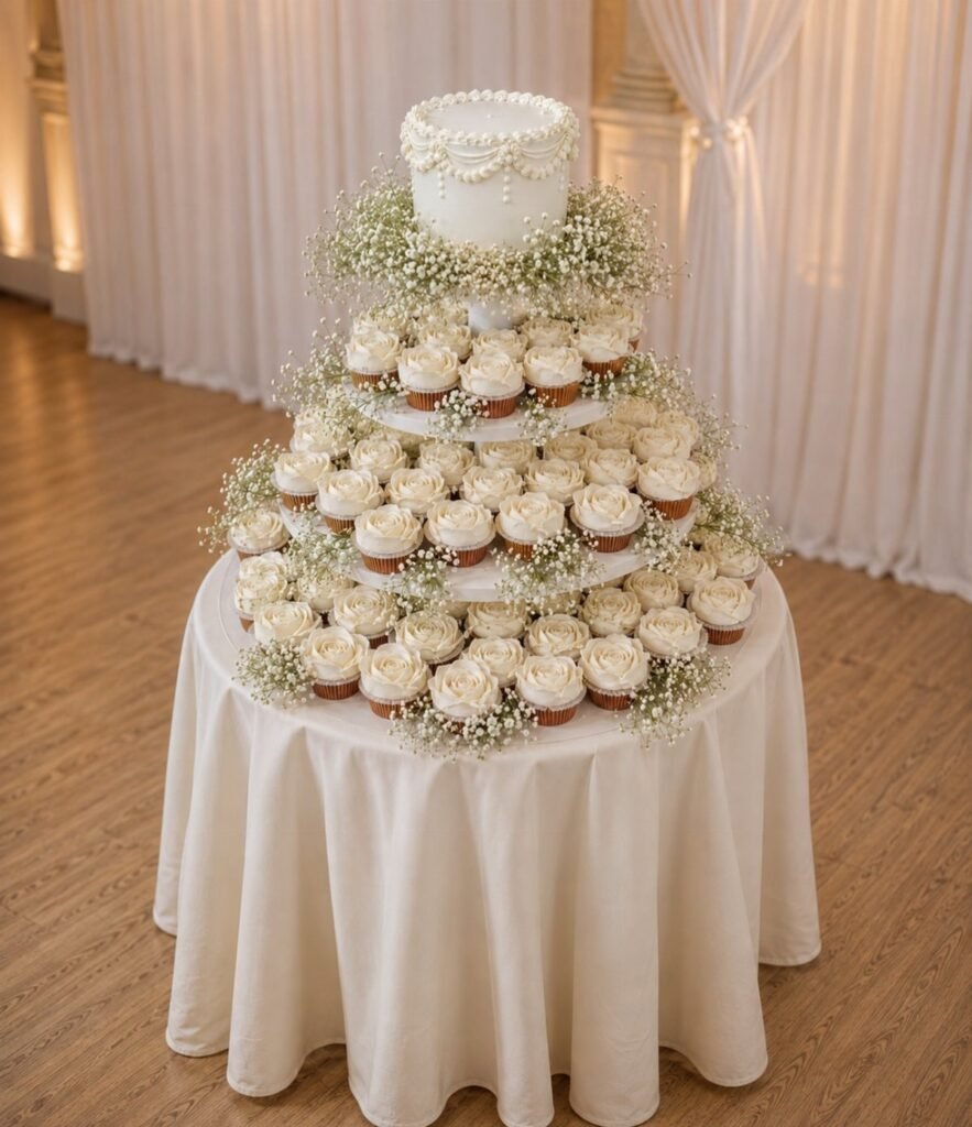 A tiered wedding cake display with a pearl-decorated top cake and many white cupcakes with baby's breath.