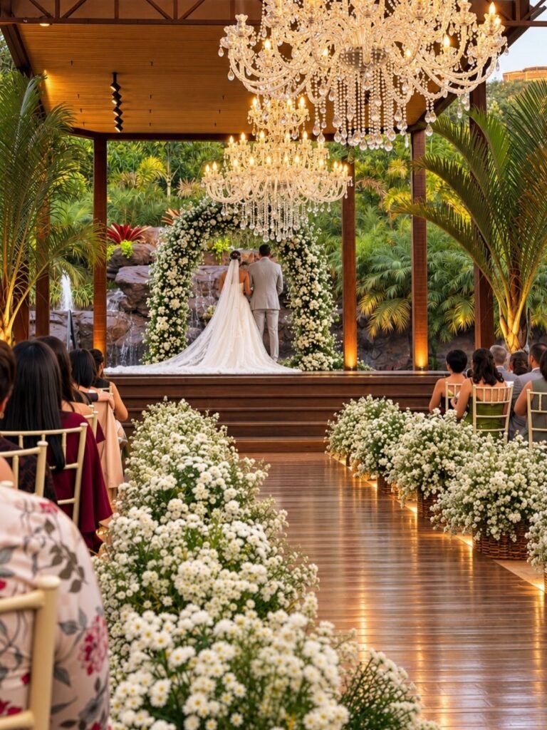 Bride and groom standing under a floral arch at a wedding ceremony with white flower aisles.