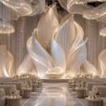 Large white sculptural flower petals decorating a grand wedding ceremony venue with reflective flooring.