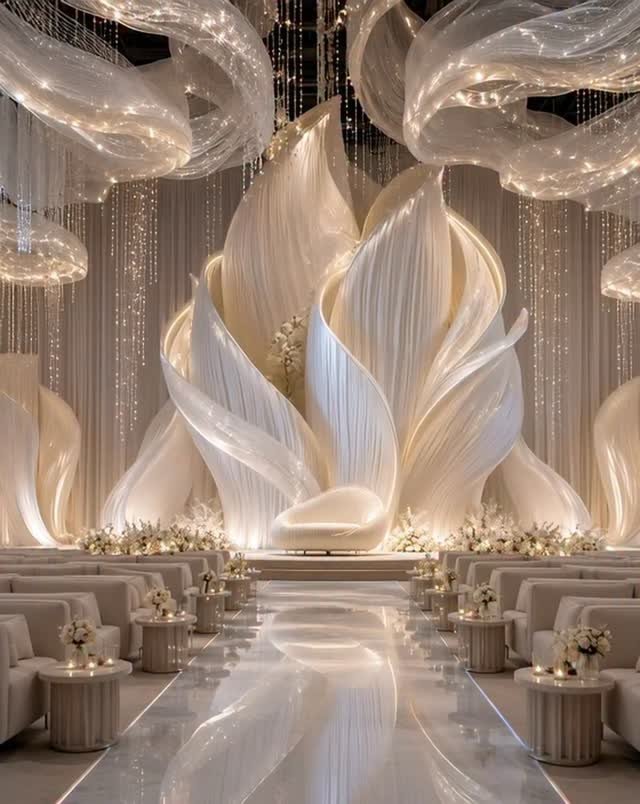 Large white sculptural flower petals decorating a grand wedding ceremony venue with reflective flooring.